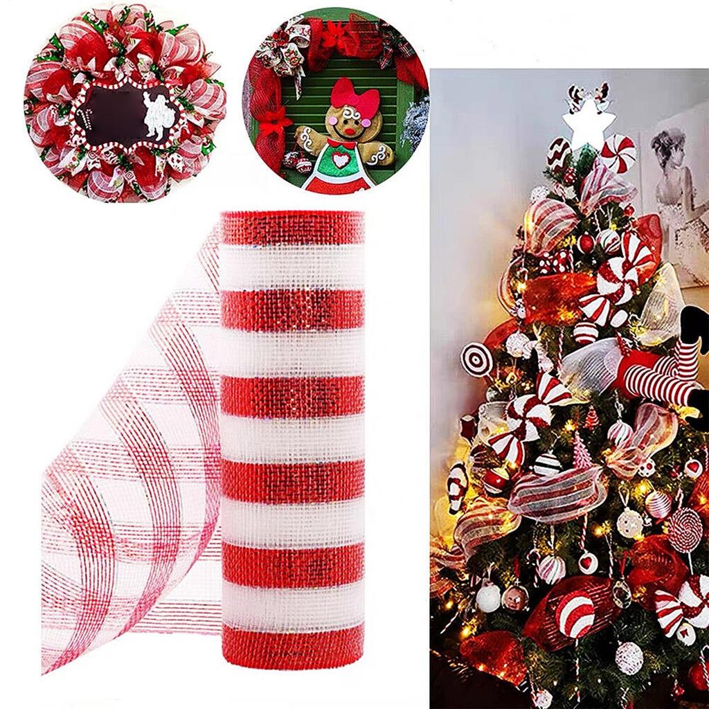 10 Yards Striped Mesh Ribbon Holiday Decoration DIY Wrapping Ribbons Cane Candy Christmas Wreath Tree Stripe Mesh Ribbon Decor