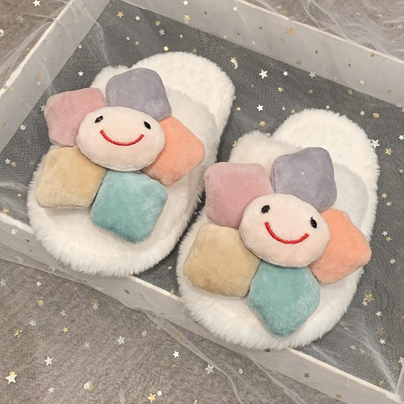 Cute Girls Winter Fur Slippers Fashion Flower Trend Kids Cotton Shoes Non-slip Soft Fluffy Versatile Children Warm Home Slippers