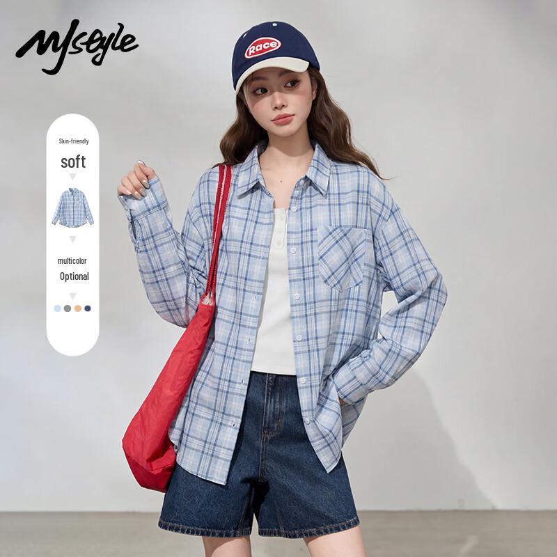 

MJ STYLE Women s Loose Fit Plaid Long Sleeve Shirt M