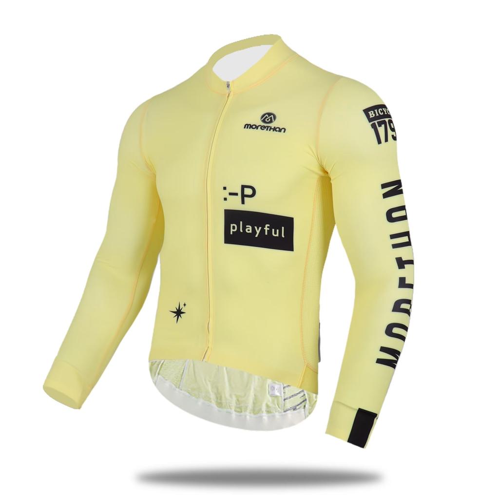 Morethan Cycling Jersey for Men and Women UV (L/Yellow/Long Sleeve) - Protection, Pockets, Antibacterial, Lightweight, Unisex, LVP-017