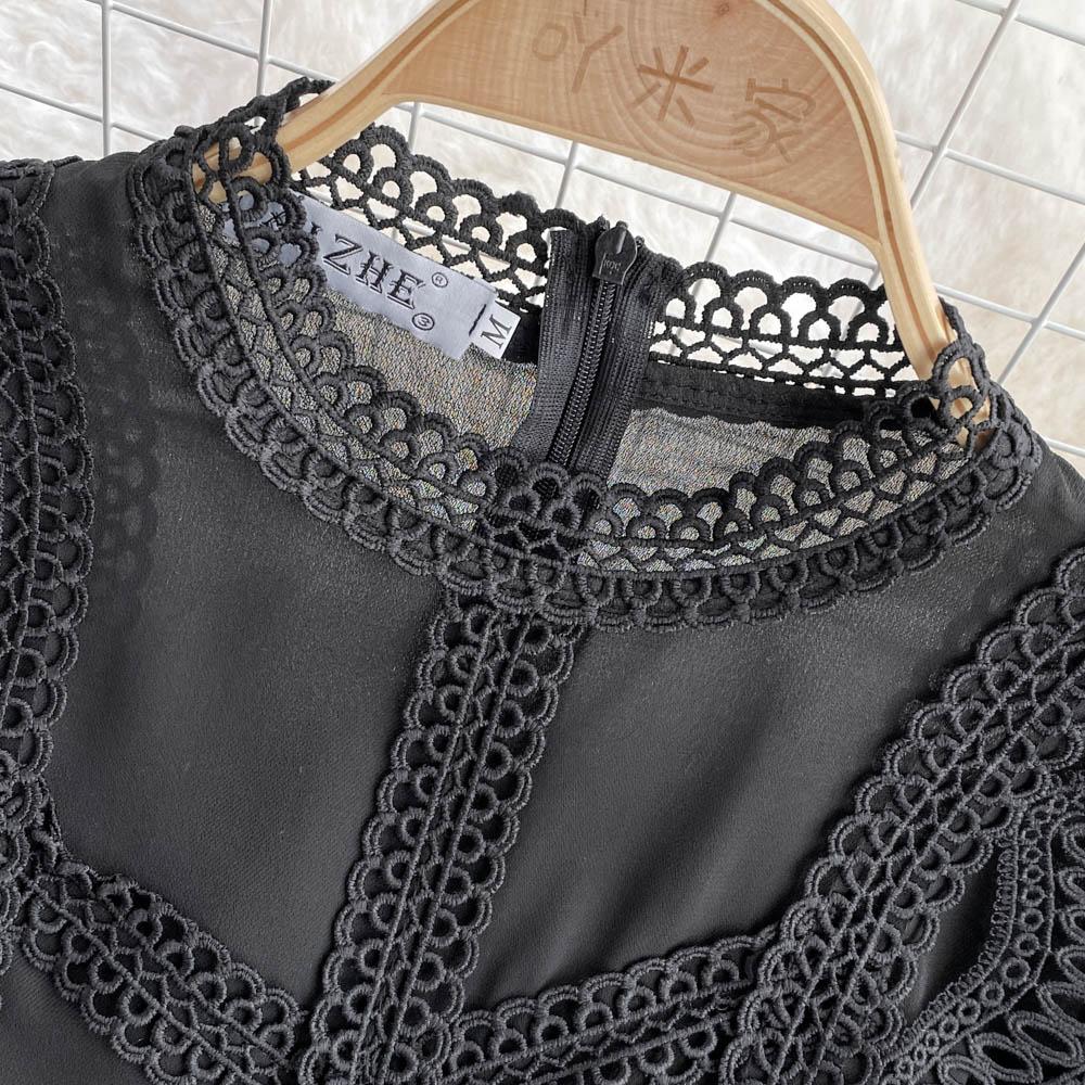 RUGOD Retro Palácový Styl Stojáček Krajka s Pasem Lucerna Rukávy Šifonové A-linie Šaty Elegantní Velká Kolová Dlouhé Šaty