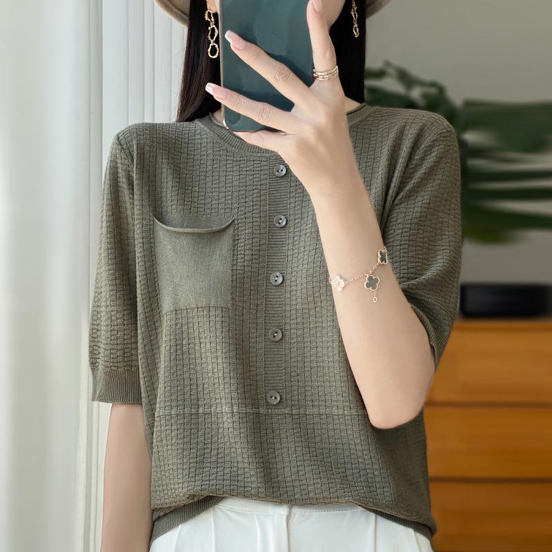 Women Knit T-shirt Summer Knitted Shirt Short Sleeve Tees O-neck Pullover Knit Tops Female