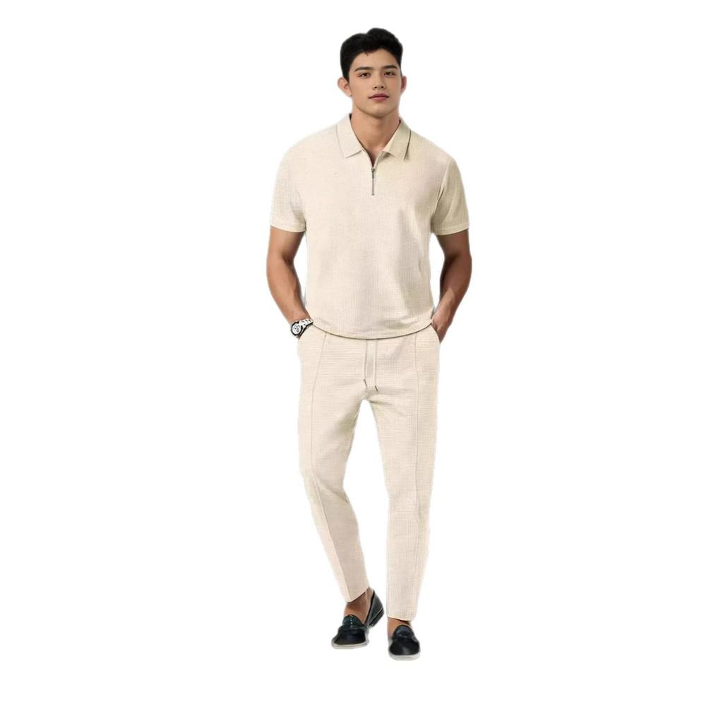 Men's Breathable Polo Sportswear Set - Short Sleeve & Long Pants for Daily Commute Casual Wear