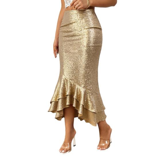 Damen Midi Rock Sexy Hüftbetontes Design Hüftbedeckend Einfarbiger Party Rock Glitzer Niedrige Taille Rüschensaum Fishtail Rock Tägliche Kleidung