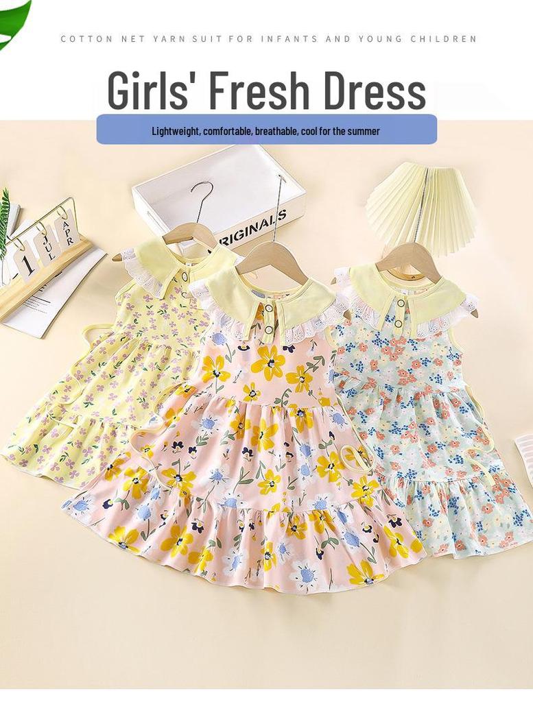 Summer Girls' Sleeveless Floral Princess Dress - Cotton Silk Blend for Outdoor Wear