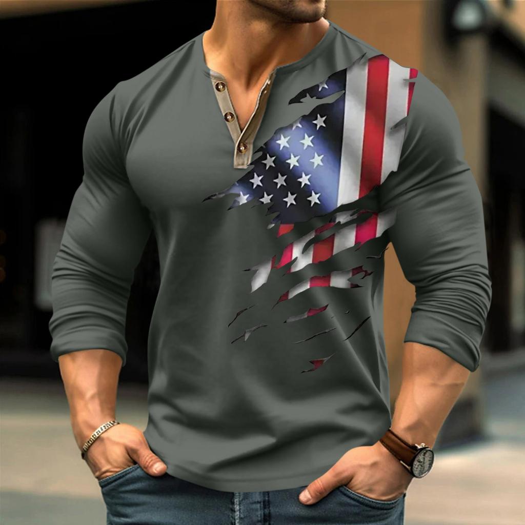 Pánské outdoorové vintage módní sportovní tričko s knoflíkem do V s dlouhým rukávem