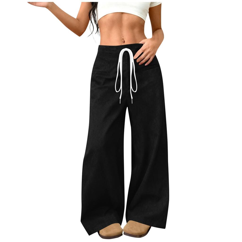 Womens Suede Wide Leg Pants Elastic Waist Loose Fit Trousers Drawstring Waistband with Pockets Casual Style Long Pants