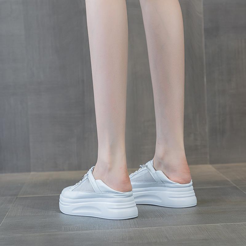Two Wearing Little White Shoes Women's Spring and Summer New Mesh Breathable Lightweight Thick Sole Heightening Soft Leather Lace-up Casual Shoes