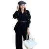 Lazy high-end large-size knitted suit for women's autumn and winter new large lapel sweater jacket wide-leg pants two-piece set for women