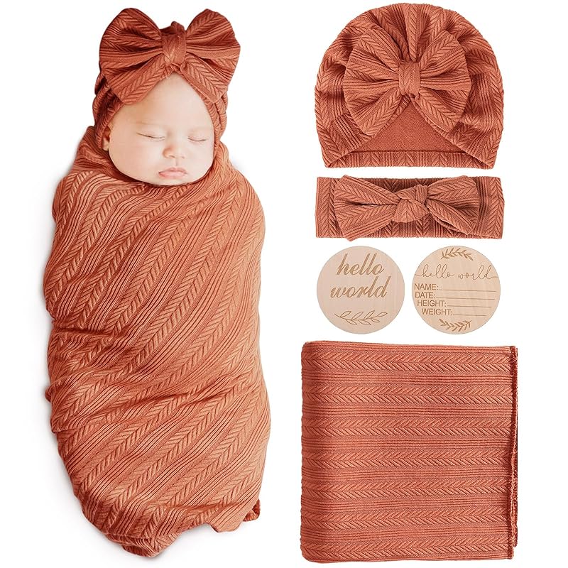 Newborn Receiving Blanket with Bow Hat Mittens Wooden Card Set Wheat-Pattern Newborns Toddler Baby Boy Girl Nursery Swaddle Wrap