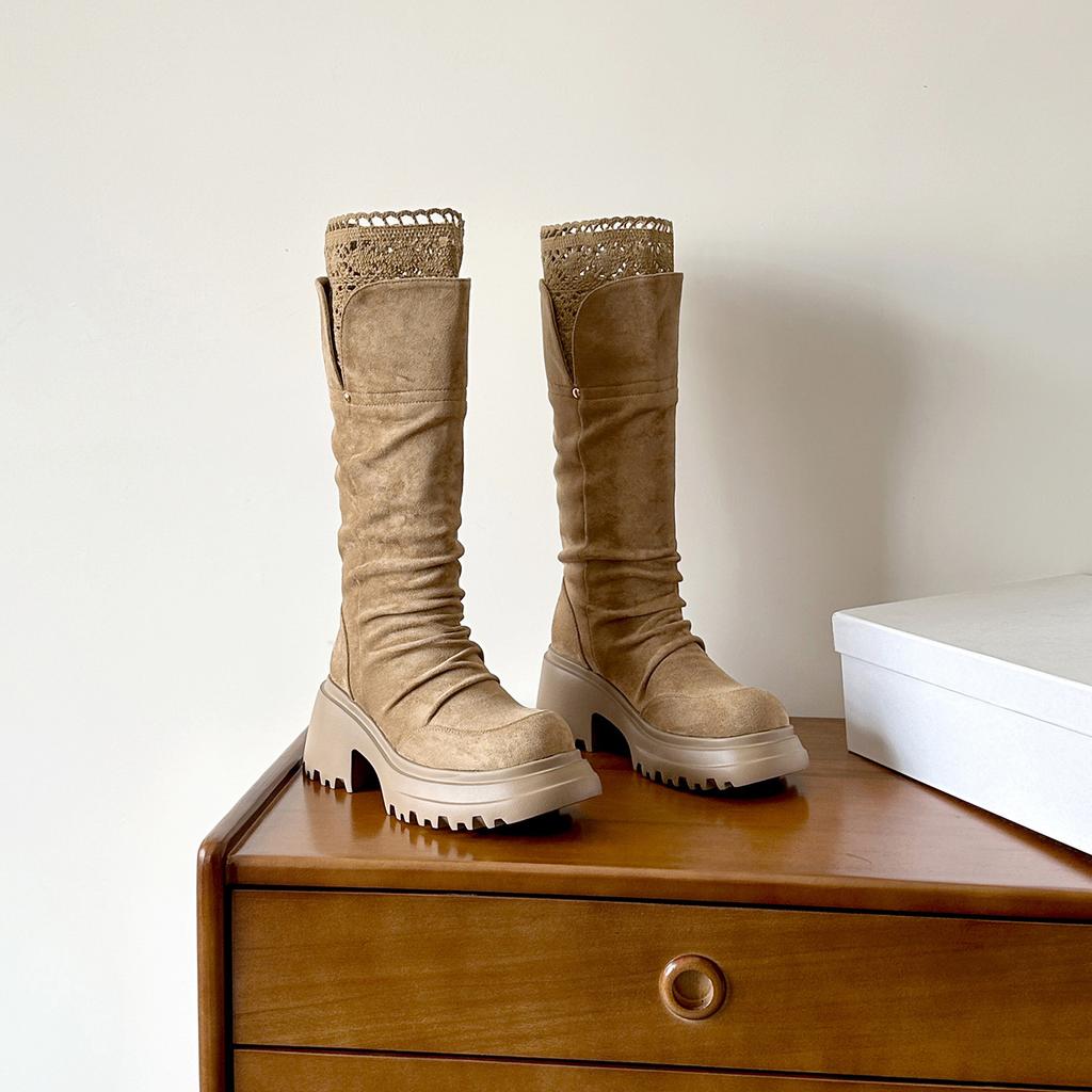 Niche Design Round Head Pleated Heightening Thick-soled Boots Temperament Versatile Maillard Thin Thick Heel Knight Boots Women