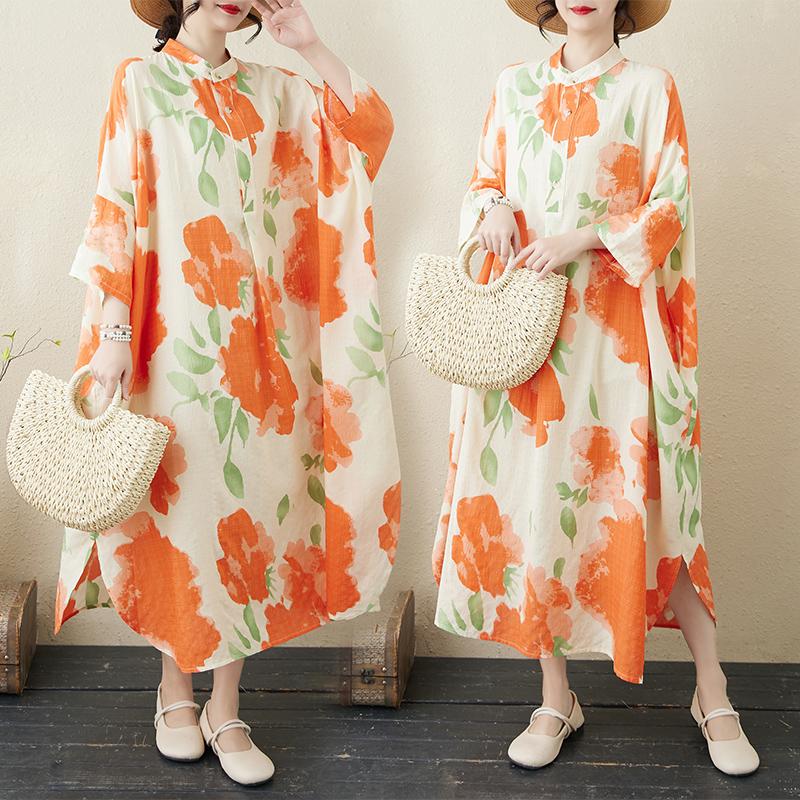 Dimanaf 2025 Plus Size New Summer Women Casual Linen Vintage Long Dress Flower Loose Printing Dress Maxi