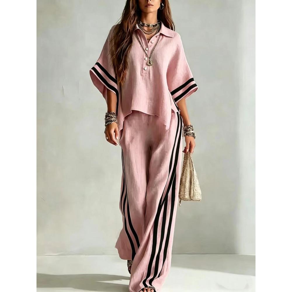 Women's Color Block Striped Dolman Sleeve Polo Shirt & Wide Leg Pants 2 Piece Set