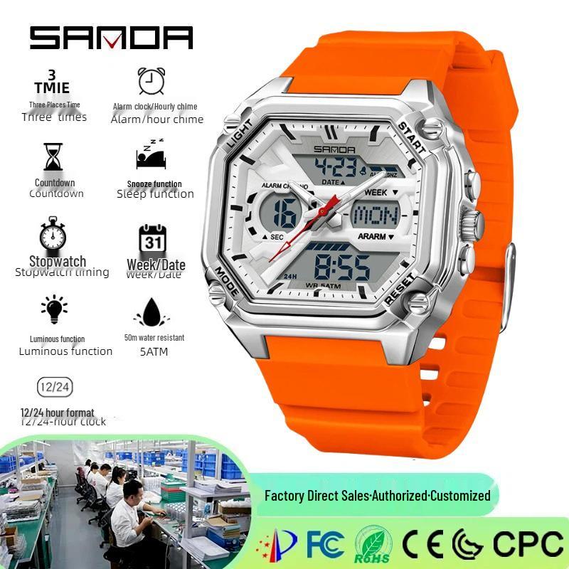 Sanda Men's Multi-Functional Sports Embossed Square Watch with Three-Zone Time and Alarm.