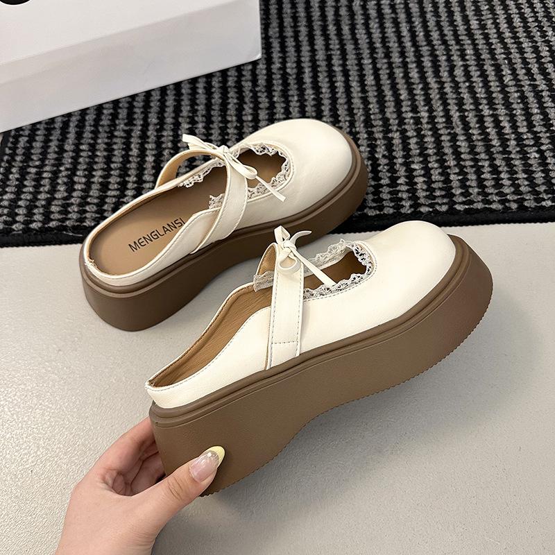 

Beautiful bag head half slippers women s summer wear new thick-bottomed bow lace Mary Jane cool slippers 35