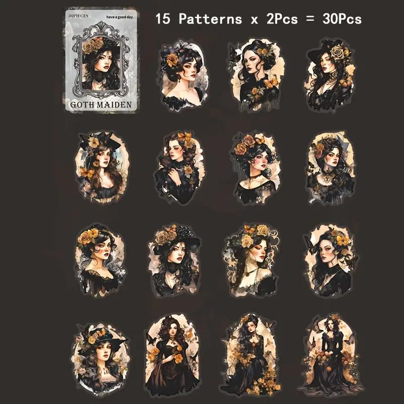 

30-Piece Vintage Gothic Girl Sticker Set - Retro DIY Collages, Scrapbooks, Planners & Journals -Diverse Character Artistic Decor
