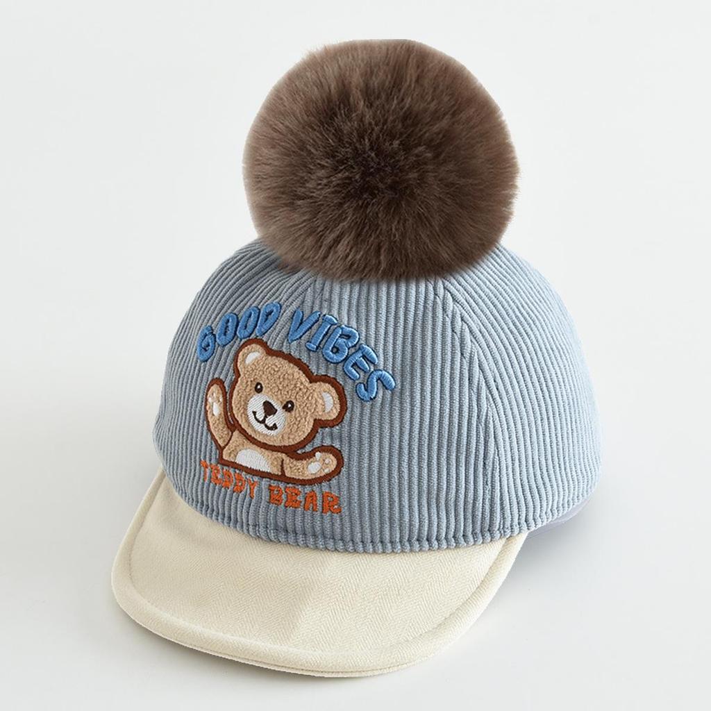 Children's Warm Cartoon Bear Duckbill Baseball Cap with Pom-Pom