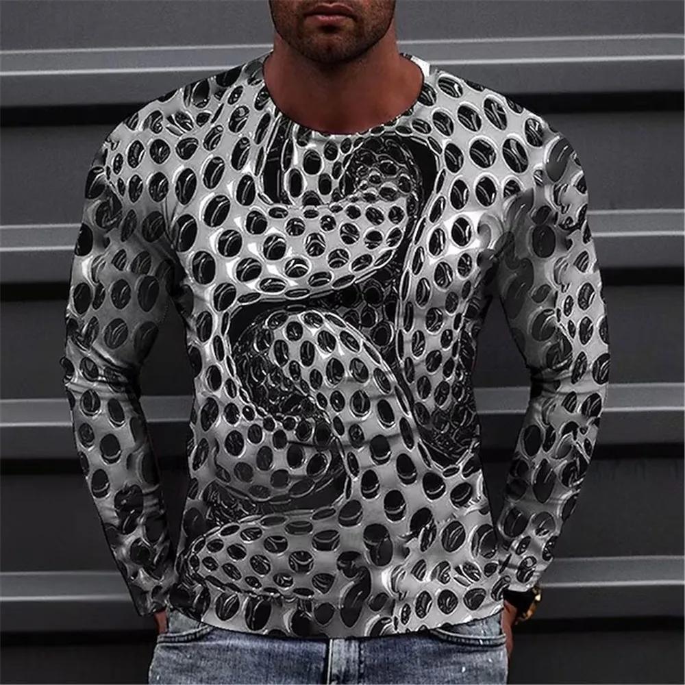 Fashionable Men's Printed T-shirt Optical Illusion Round Neck Long Sleeved Street Harajuku Exaggerated Designer Round Neck Top
