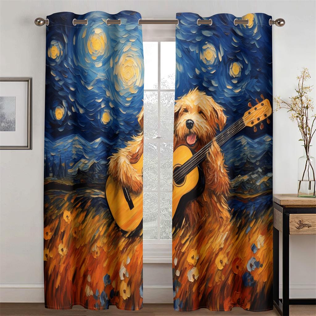 Pastoral Collie Guitar Curtains Van Gogh Oil Painting Style Living Room Bedroom Balcony Windows Decorative Curtains 2 Pcs