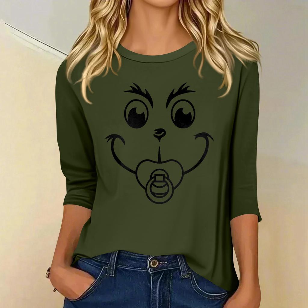 3/4 Sleeve Tops For Women T-Shirt Casual Christmas Print Tops T Shirt Round Neck Pullover Blouse