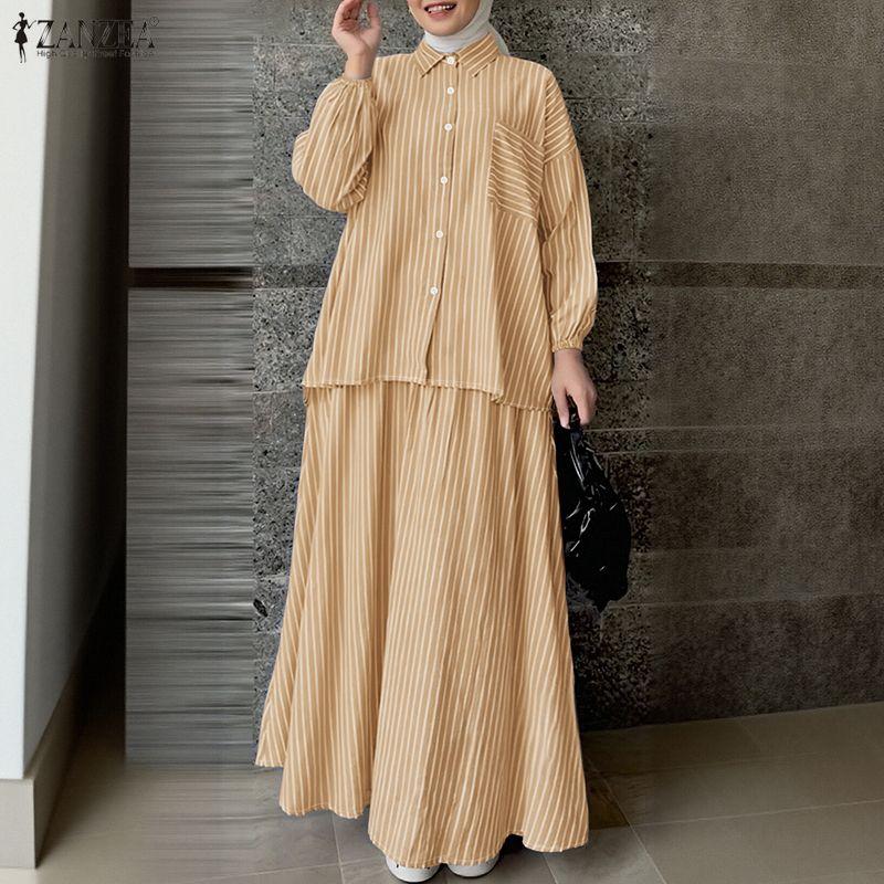 ZANZEA Women Long Sleeve Blouse and Long Skirts Stripe Print Two Piece Suit Sets