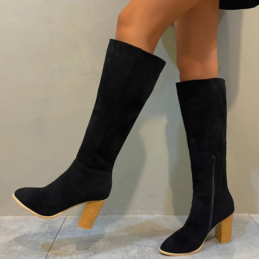Foreign Trade Coarse Heel 2025 Skinny Suede Over Knee Boots Women's Side Zipper High Heel Long Tube Fashion Boots