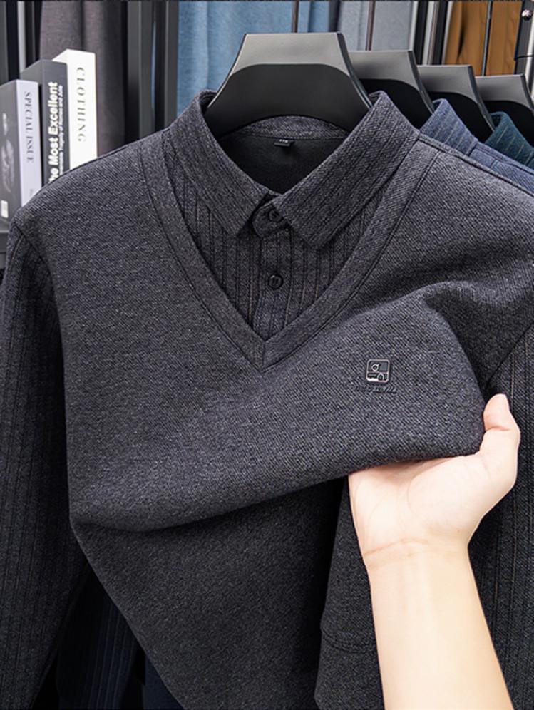 2025 Men's Winter Long Sleeve Lapel Knitwear - Thickened Two-Piece Style, Plus Velvet, Warm Base Layer for Middle-Aged Fathers