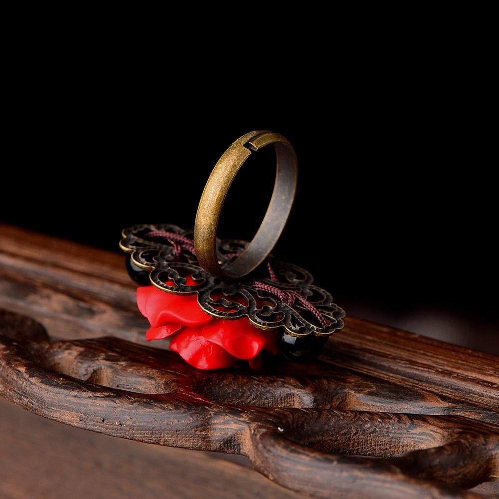 Gothic Style Adjustable Black Beads Red Rose Flower Antique Bronze Rings for Women National Jewelry