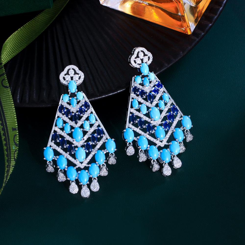 

Bohemian Blue Turquoise Tassel Full Diamond Earrings Needle Vintage Micro-Set Zircon Ear Jewelry