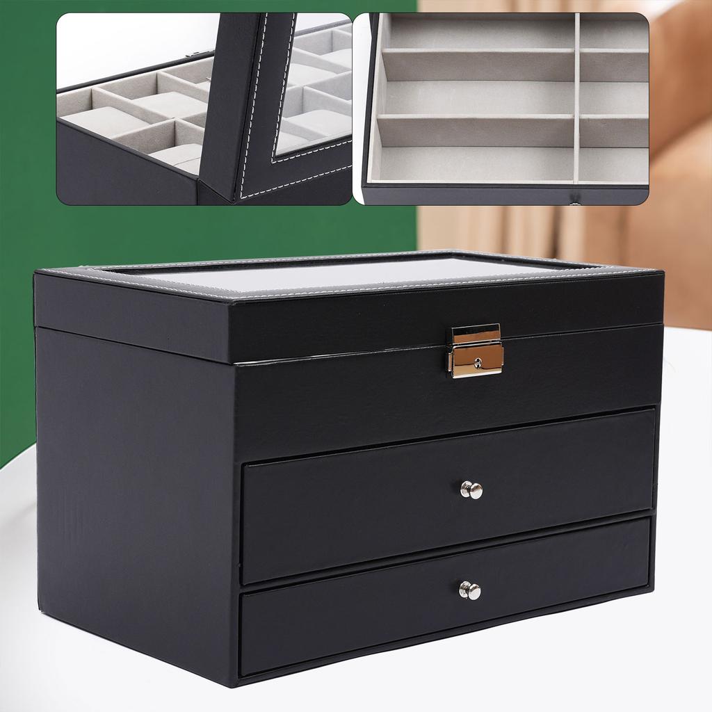 Bymaocar Black 3-Tier Drawer Jewelry Box, 12-Slot Watch Organizer W/ PU Leather & Metal Clasp, Eyeglass & Sunglass Storage Case