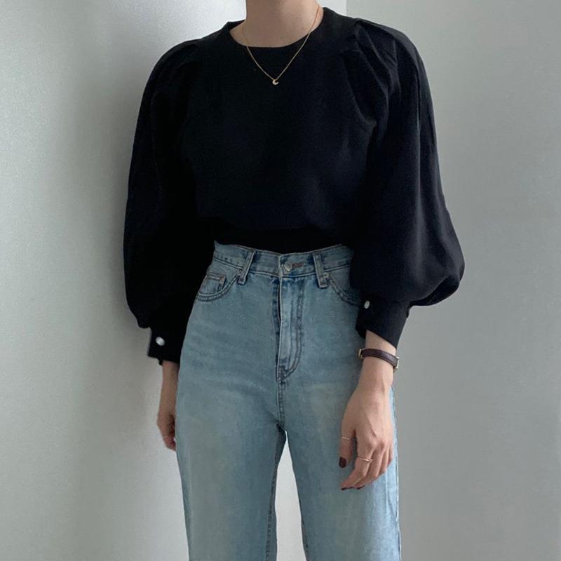 Round neck bubble sleeve shirt with early autumn temperament Korean chic French minimalist feminine top versatile shirt