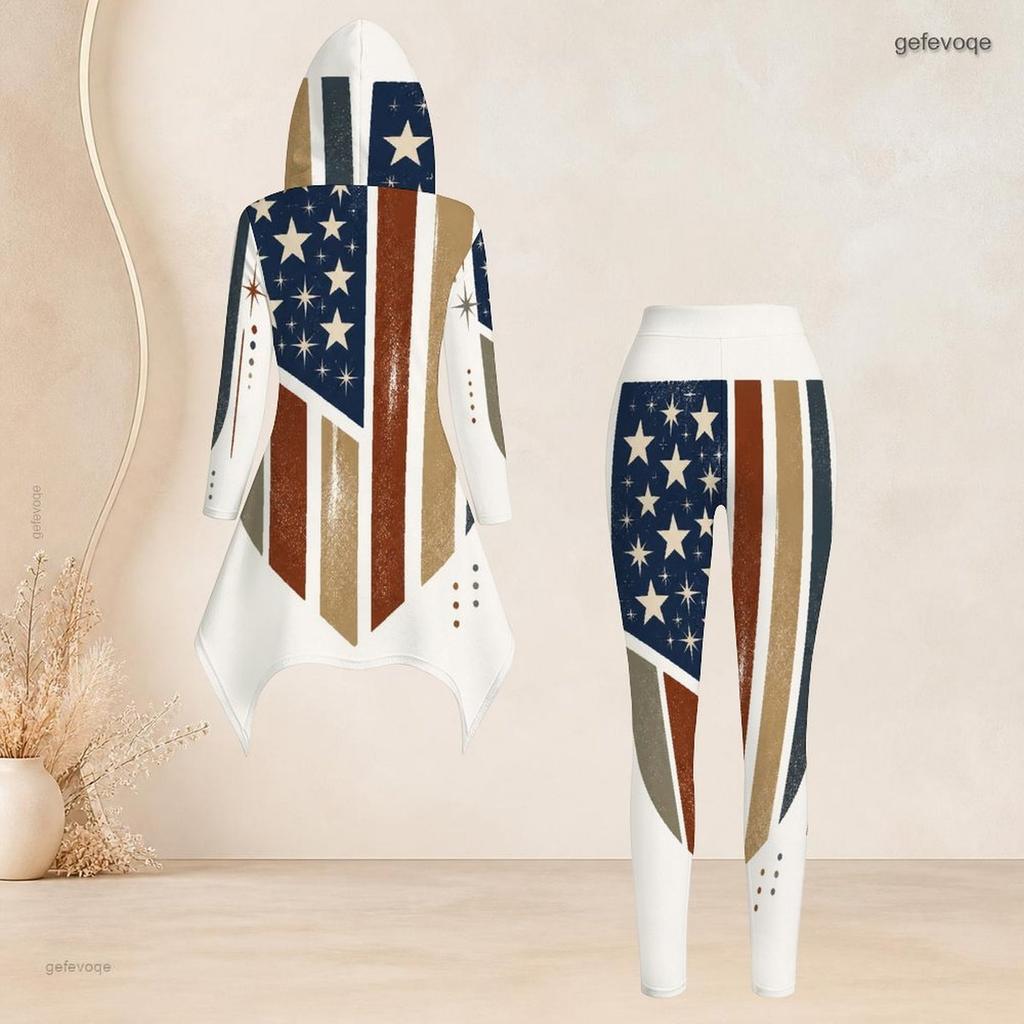 Women Plus Size Hooded Long Sleeve Printed High Low Top And Fitted Pants Two Piece Set