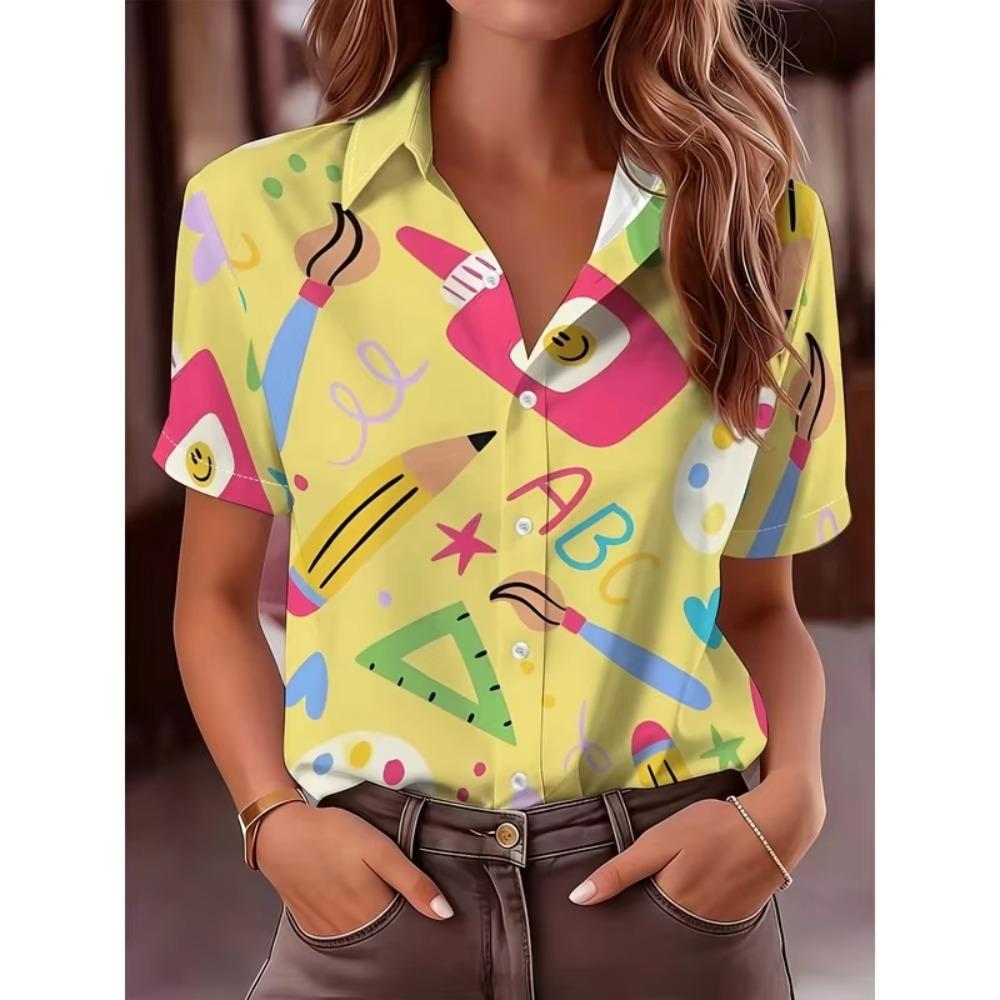 Women's Macaron Short Sleeve Blouse Lapel Collar Lightweight Breathable Shirt Preschool Teacher Casual Beach Top Spring Summer F