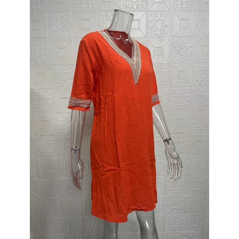Spring and Summer Solid Color V-neck Cotton and Linen Dress