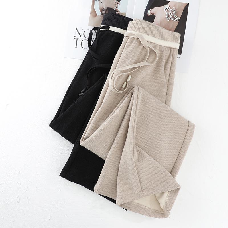 Women's Beige Acetate Wool Wide-Leg Pants - New 2024 Autumn/Winter Casual Straight-Leg Design