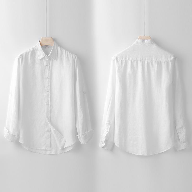 Men's Casual Long Sleeve Cotton Linen Shirt with Turn-Down Collar - Lightweight, Loose Fit for Spring & Autumn.