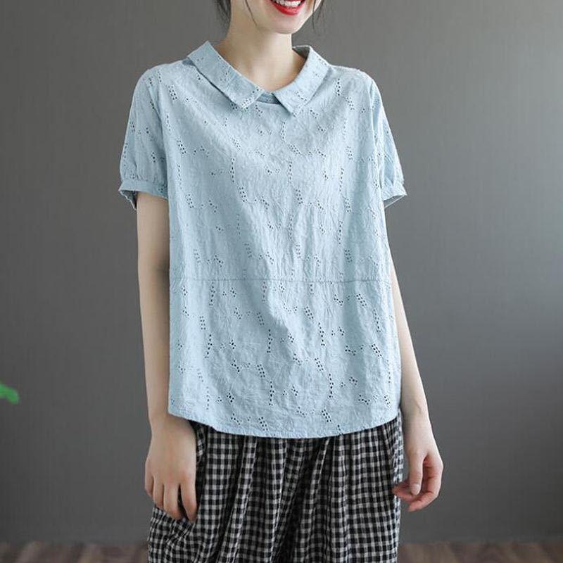Baumwollkragenhemd Kurzarm-T-Shirt Damen Künstlerisch Retro Locker Schlankmachend Sommer-Top