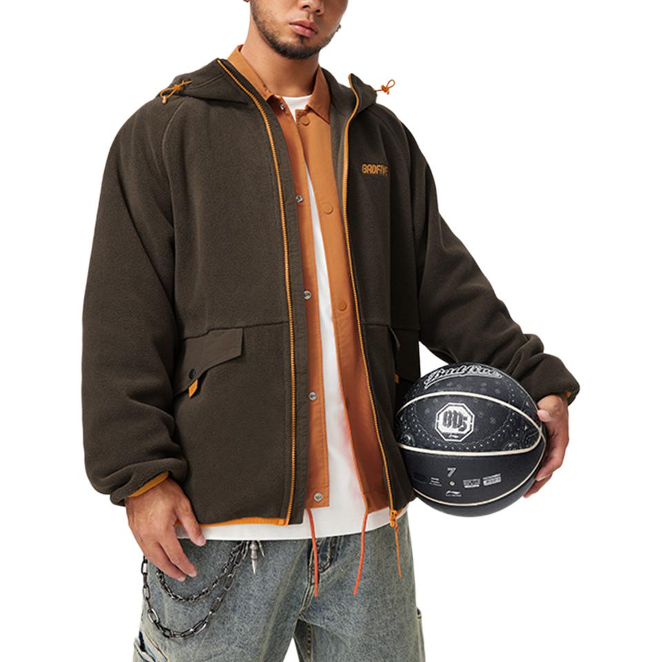 Li Ning Badfive Comfortable Casual Hooded Zipper Fleece Loose Simple Jacket Men Jackets Slate-Brown AFDU499-3