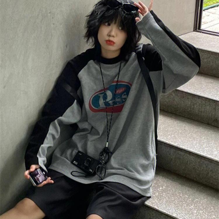 Y2K Vintage hosszú ujjú póló női harajuku utcai viselet szürke pulóverek túlméretezett retró patchwork nyomtatású pólók