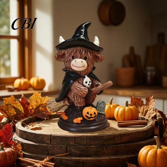 Unique Holiday Presents 2Pcs Halloween Highland Cow Witch Ornament, Resin Figurine with Hat Pumpkin Broom Fall Seasonal Displays & Skull, Cute