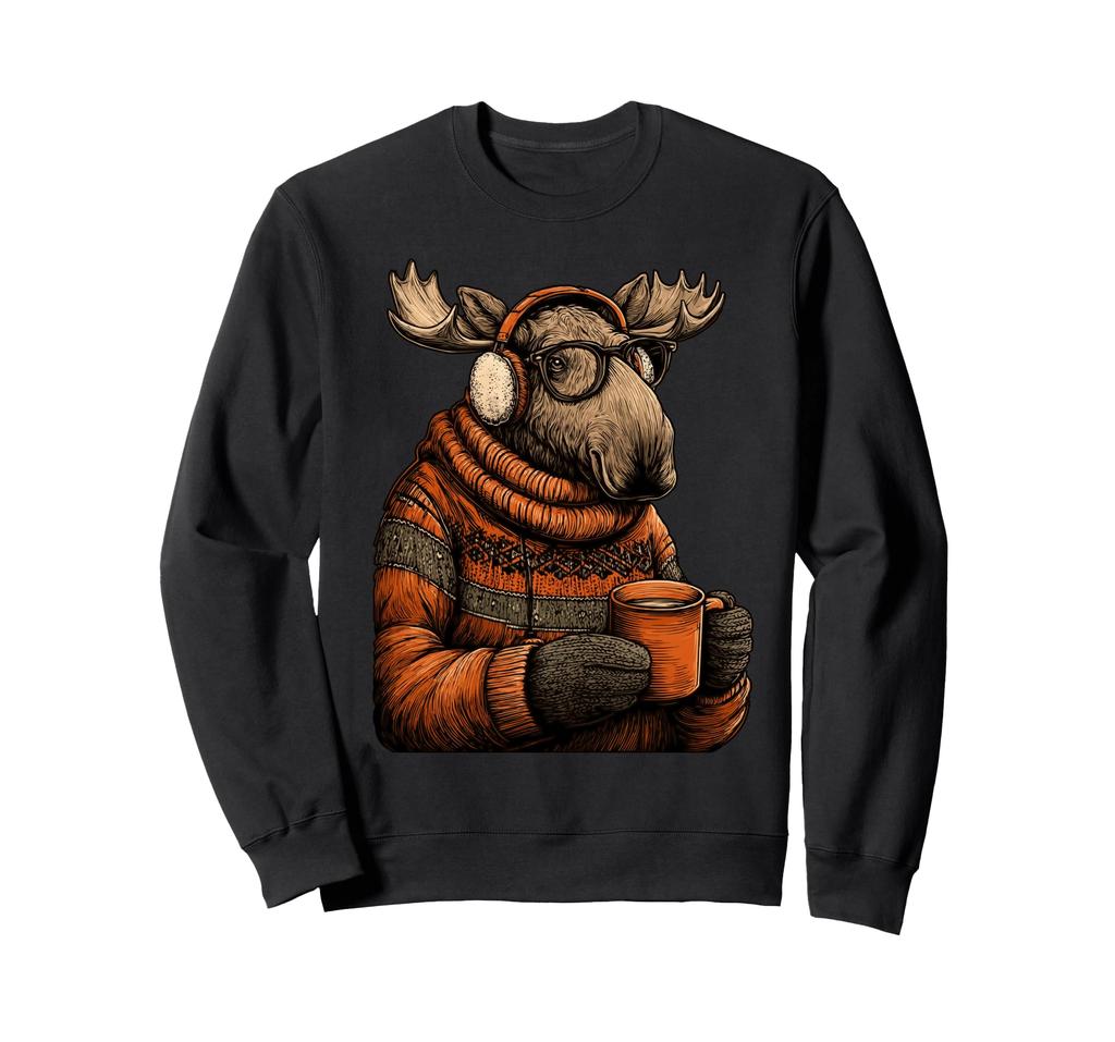 Cozy Moose Sunglasses and Earmuffs Animal Funny Coffee Sweatshirt