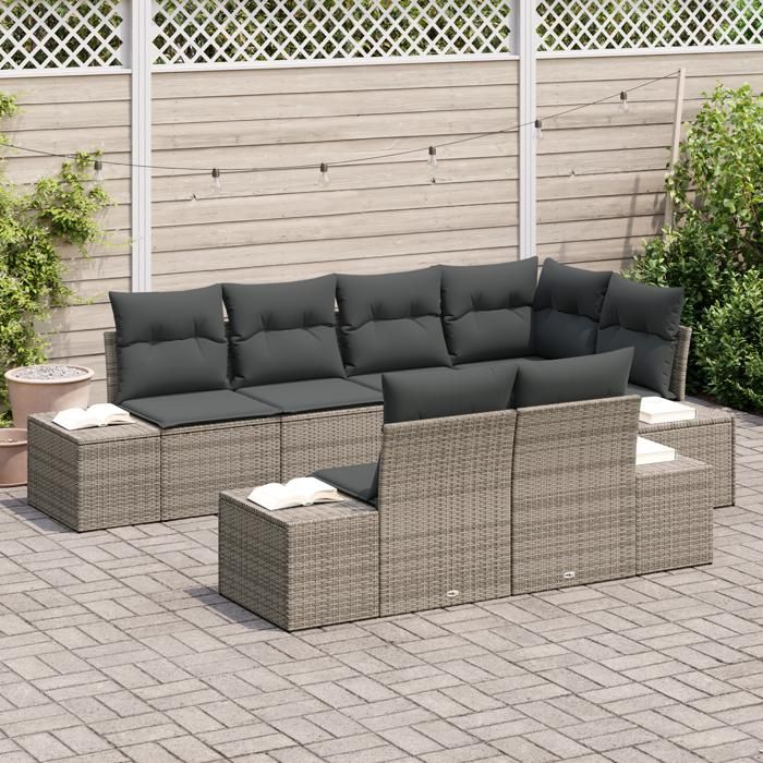 VidaXL Ensemble de canapé de jardin de 7 pièces avec coussins en polyrotin gris 3347099