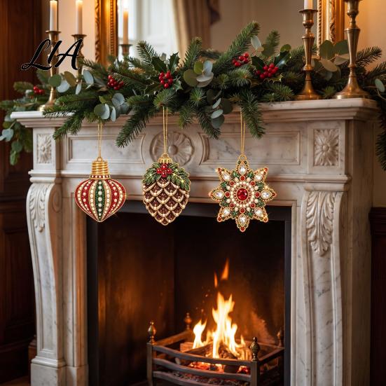 Elegant Holiday Party Supplies 6 Pcs Diamond Art Christmas Ornaments, 2D Flat Pearl Painting Timeless Seasonal Decorations Pattern Hanging Decoration