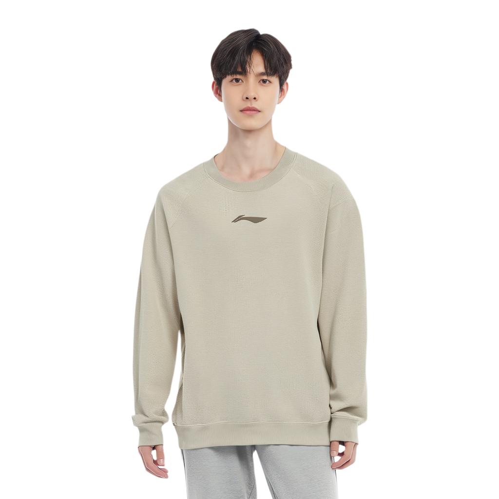 Li Ning Basketball Series Solid Color Logo Round Neck Comfortable Breathable Versatile Casual Sweatshirt Men Sweatshirt Oatmeal-Gray AWDU523-3