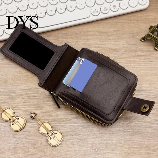 Anti-Theft Card Holder Men Faux Leather Wallet Large Capacity with ID Window Zipper Coin Pocket Button Vintage Front Multi-Slots Credit Durable