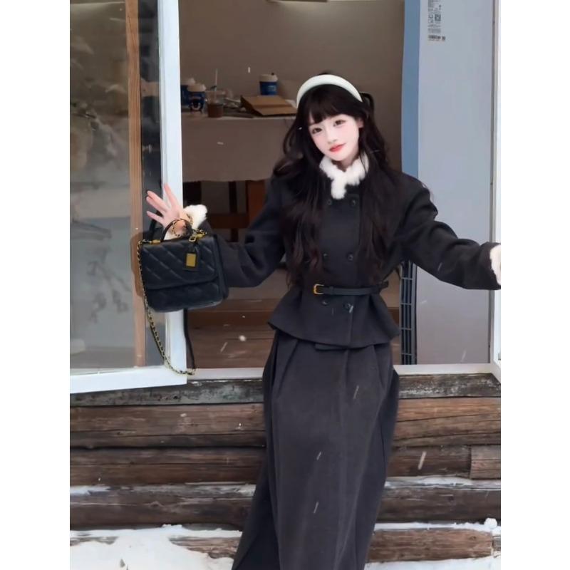 Costum elegant de toamnă și iarnă pentru femei, palton cu două rânduri de nasturi cu guler de lână și fustă plisată cu talie înaltă