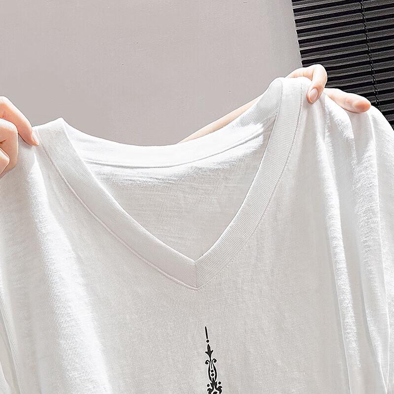 Women's V-Neck Pleated Printed Short Sleeve T-Shirt