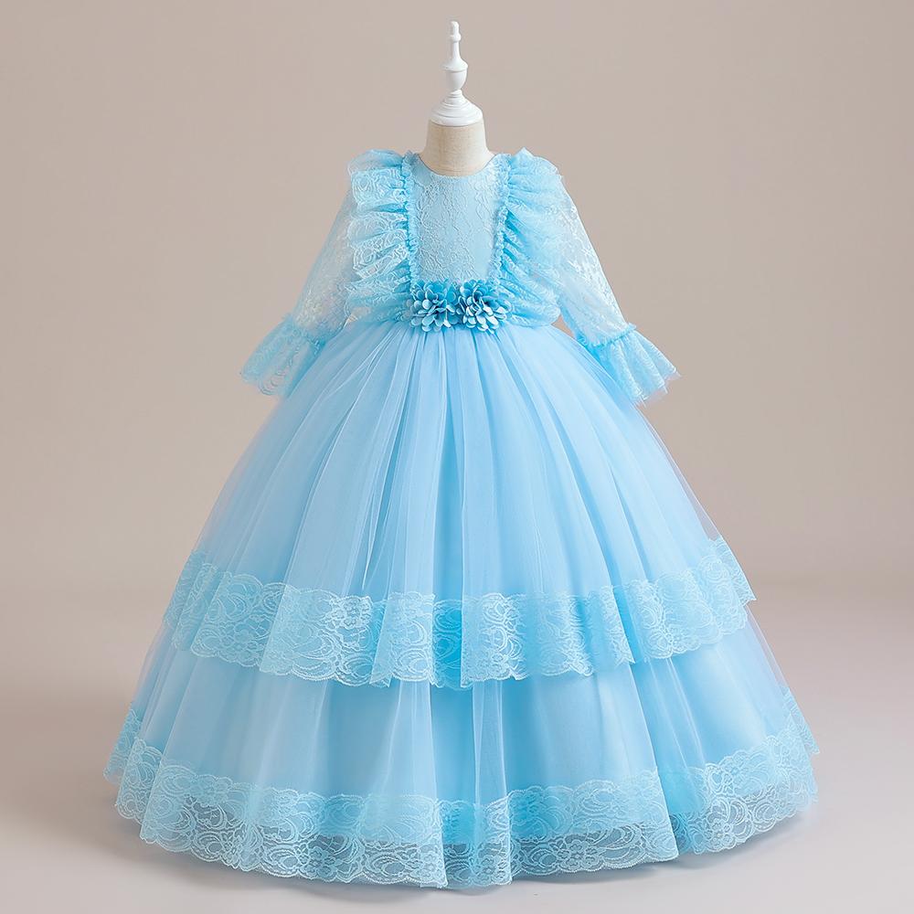 Flauschige Mädchen-Partykleider, weiße Spitze, Schleife, Bridemaid, Hochzeit, Prinzessin, Kinderkleid für Mädchen, halbe Ärmel, Geburtstagskleid, Kostüm