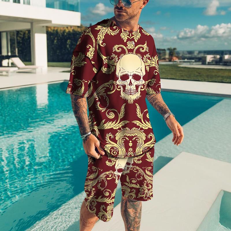 Men's Summer 3D Skull Leisure Set Fashionable Comfortable Loose Color Blocked Printed Sport Wear
