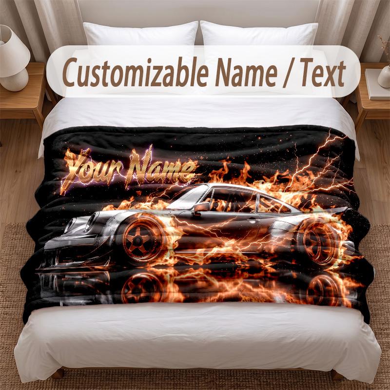 Car Racing Theme Soft Blanket Personalized Custom Name Text Print Warm Blanket Home Sofa Bedroom Decor